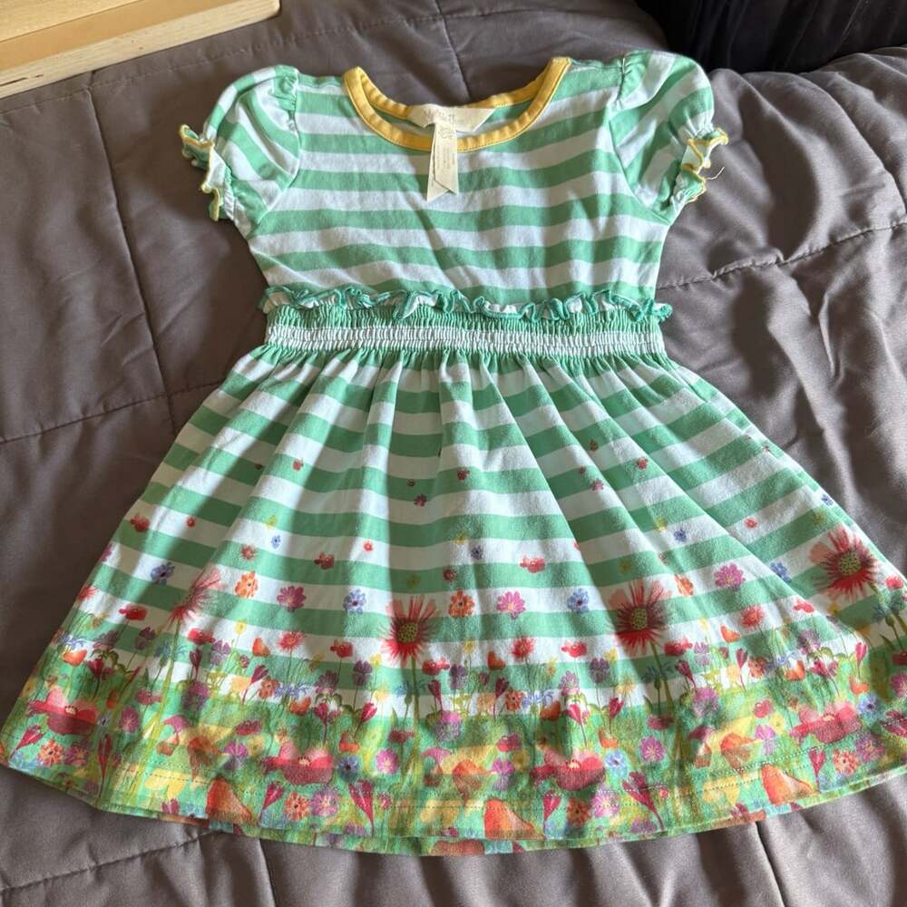 Matilda Jane Backyard Oasis Dress Size 12-18M Green Stripe Floral